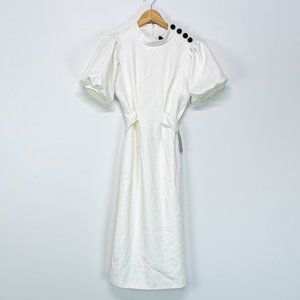 CAARA White Poof Sleeve Belted Midi Dress